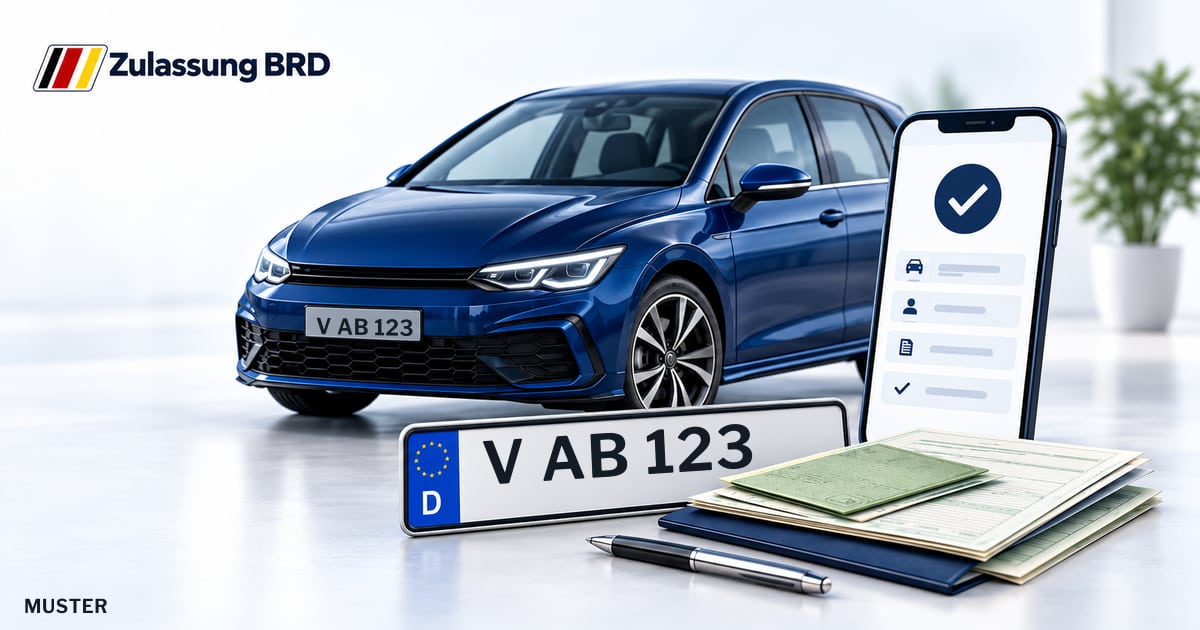 Online Fahrzeugzulassung in Oelsnitz/Vogtl.: Musterkennzeichen V AB 123, Auto und Fahrzeugpapiere und Smartphone. Illustration mit Logo von Zulassung BRD.